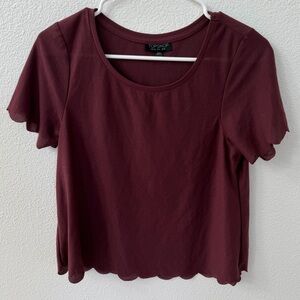 Topshop Maroon Scallop Hem Short Sleeve Top